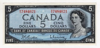 1954 BANK OF CANADA FIVE 5 DOLLAR BANK NOTE NS 7484621 NICE BILL