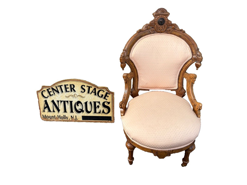67455  Victorian Carved Walnut Parlor Chair with Pink Upholstery