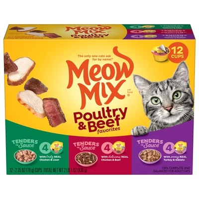 Meow Mix Tender Favorites Poultry & Beef Variety Pack, Wet Cat Food, 2.75 oz Cup