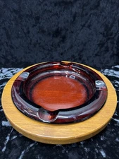 Vtg LaSalle Walnut 9.5" Wood Base w/ 8" Amber Glass Cigar Ashtray