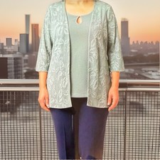 Light Green Floral Jacket  Keyhole Top with Navy Pants 2-Piece Women's Set