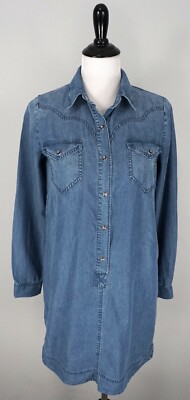 Club Monaco Blue Pearl Snap Button Up Long Sleeve Collared Denim Shirt Top Sz 2