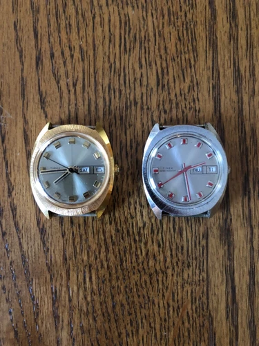 Two Vintage 1970s Timex Marlin Red Accent Mens Day/Date Watches Lot