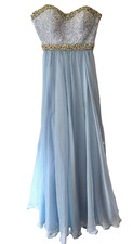 LA FEMME Lace Bodice w/ Beaded Trim Sleeveless Chiffon A-Line GOWN Blue XS
