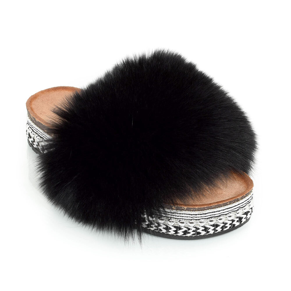 SAOLA Sandali plateau con pelliccia di volpe nera e rivetti suola alta con pelliccia