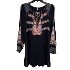 Free People Wind Willow Mini Dress Womens Medium Black Pink Embroidered Boho