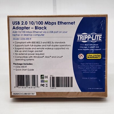 Tripp Lite USB 2.0 Hi-Speed to Ethernet NIC Network Adapter 10/100 Mbps Black