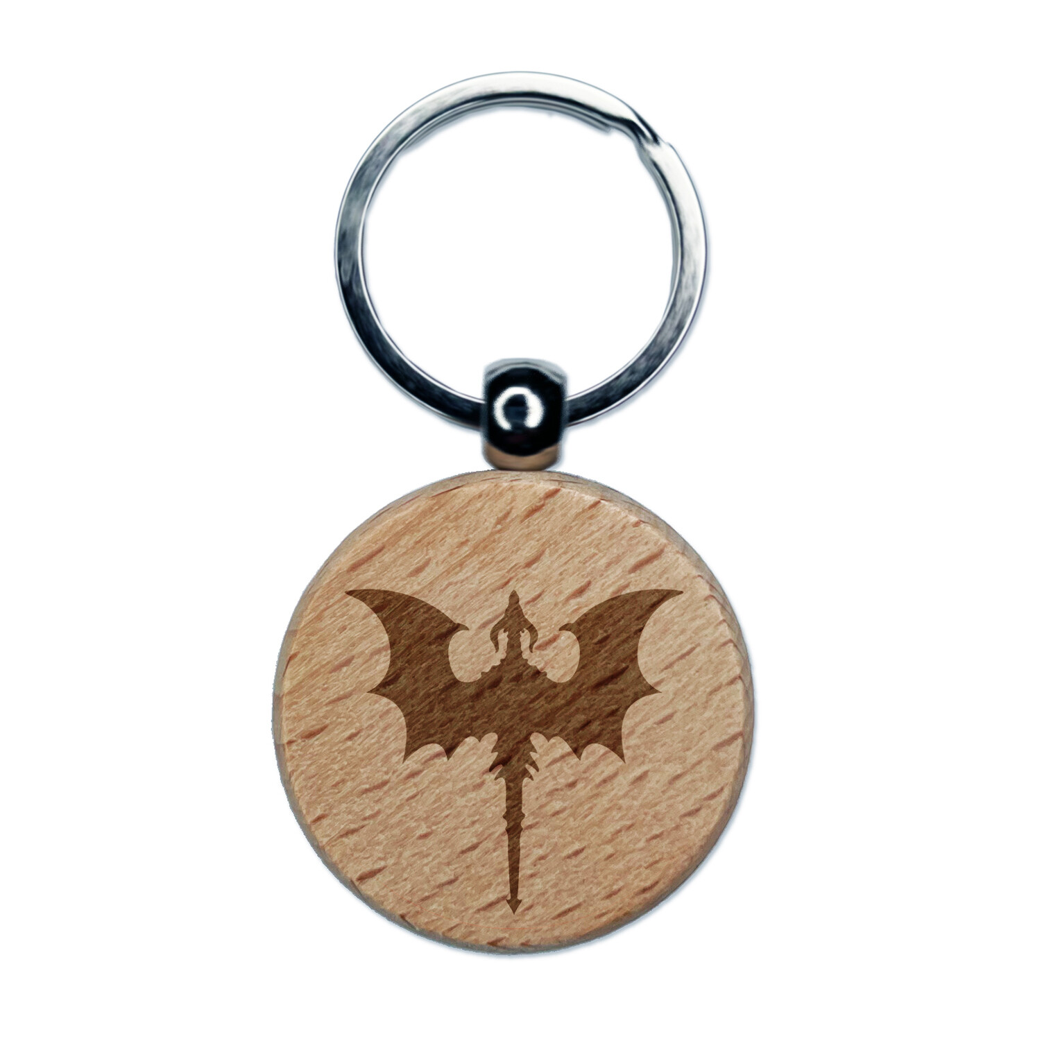 Flying Dragon Engraved Wooden Keychain with Spread Wings Charm  
