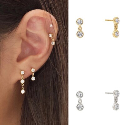 Diamond Ear Stud Chain Single Pair 14K 585 Gold 2-4 Diamonds VS G Dangle