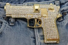Gun Belt Buckle Gold Metal Rhinestones New Men Iced Style Cowboy Cowgirl Rodeo