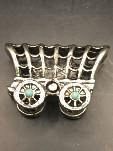 Vintage Silver Tone Turquoise Colored Stones Carriage Wagon Bolo Tie Clasp - Picture 2 of 7