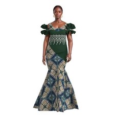 African Women Long Party Print Dresses with White Pearl Lace Flower Bazin Dress