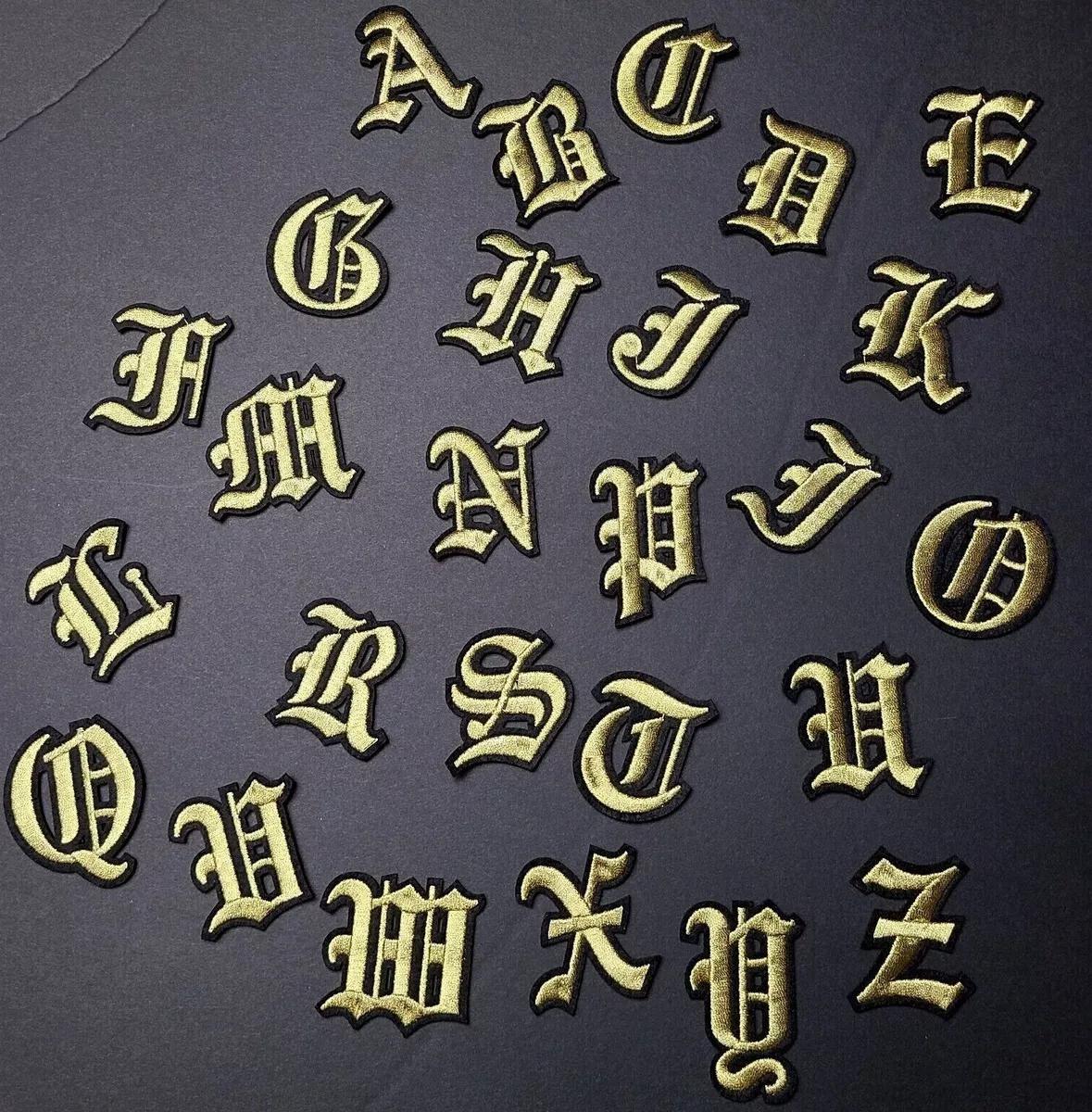 Roman Old English Gothic Letters Patch Black & Gold Iron-On Applique -PICK