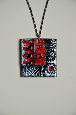 Handmade art jewelry,crystal inlay modern red-black-silver polymer