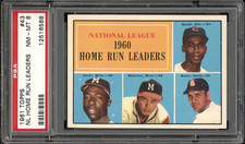 1961 Topps Baseball Card #43 NL Home Run Leaders Banks Aaron HOF PSA 8 NM-MT