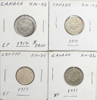 Four Canada 10 Cents Silver coins in XF & AU condition 2 1912 1919 & 1931 (435)
