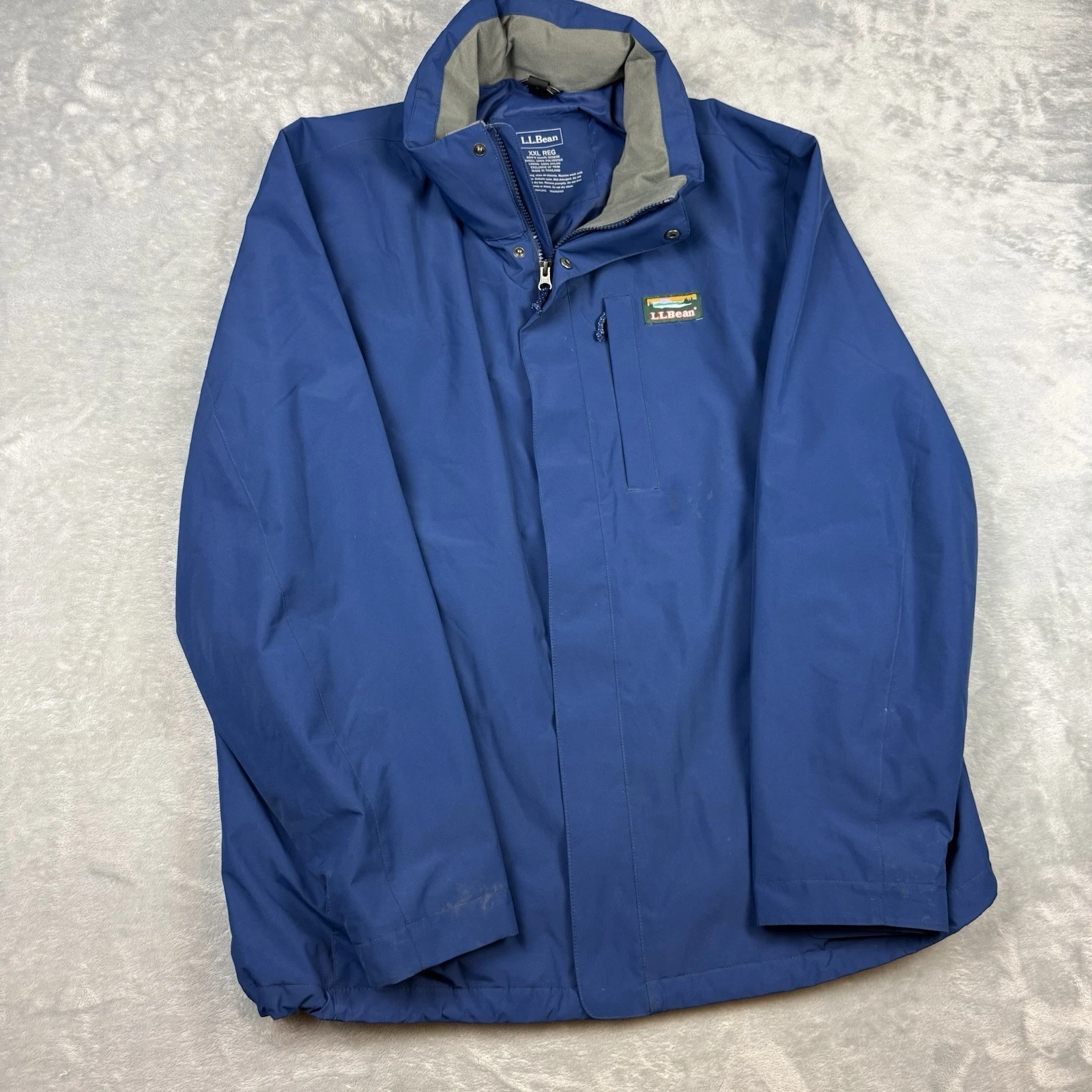 LL Bean Blue Nylon Lined Rain Jacket Hooded Waterproof Shell XXL Windbreaker