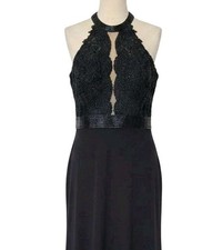 Sherri Hill Black Beaded Lace Hi-Low Gown Halter Sleeveless Formal Dress Sz 4