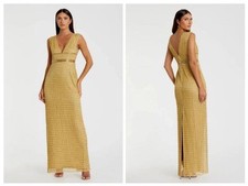 NWT 598 MAC DUGGAL Gold Beaded Cap Sleeve V-neck Column Gown SZ 6