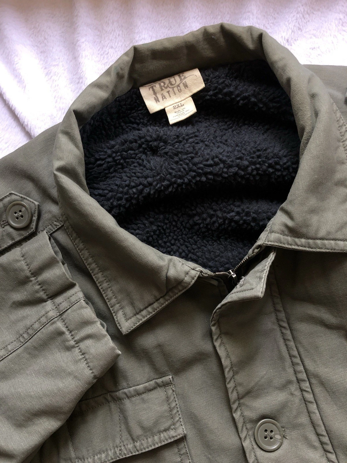 True Nation Men Trucker Jacket Sherpa Lined Button Front Full Zip Coat Olive 2XL