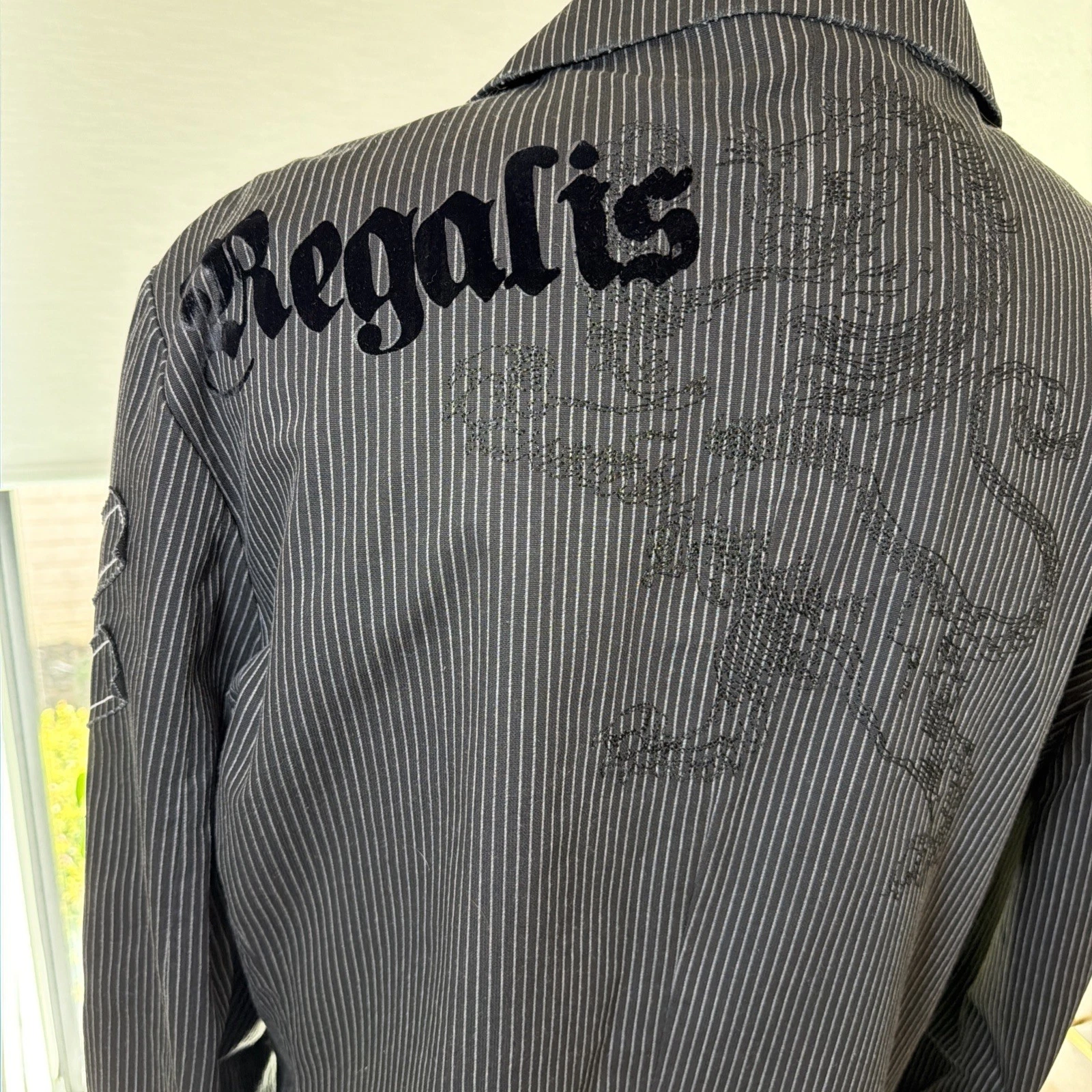 Roar Blazer Mens 2XL Y2K Pinstripe Embroidered Biker Goth Rocker Map Lining - product detail image 1