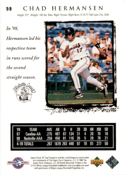 1999 SP Top Prospects Chad Hermansen #59 Nashville Sounds - Image 2 of 2