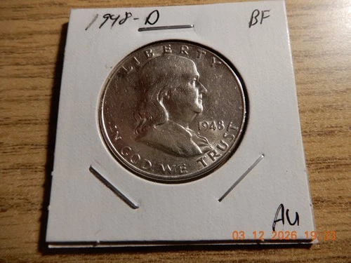 1948 D FRANKLIN HALF DOLLAR 90% SILVER RAW COIN AU.