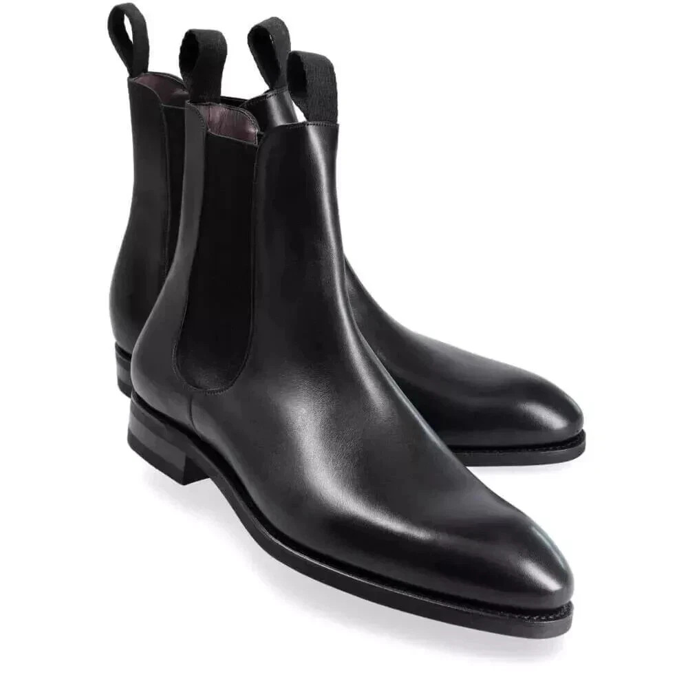 Handmade Black Genuine Leather Wedding Dress Pull On Chelsea Classic Boots Men