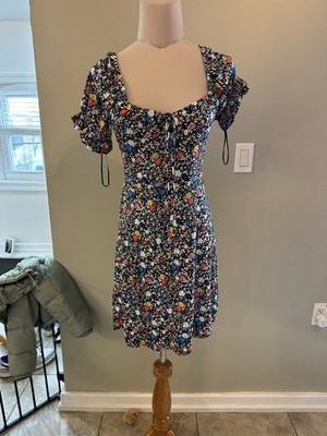 francesca's Multicolor Floral Knit Short Puff Sleeve Square Neck A-Line Dress M