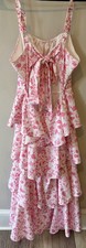 Wenrine Pink Floral Midi Dress L Tiered Bow Back Wedding Guest Summer