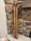 Vintage Pair of Wooden Snow Skis 53” #1134 with metal tips and poles with straps