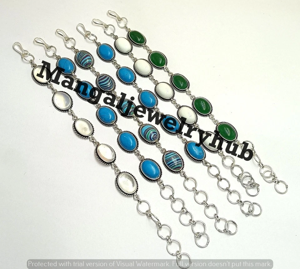 Green Onyx & Mix Gemstone Chain Bracelets 925 Sterling Silver Plated Lot Jewelry - Image 2 of 4
