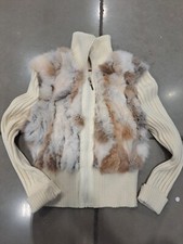 Jennyfer J Rabbit Fur Zip Up Knit Cream Cardigan Sweater Jacket M Euc! Msrp $300