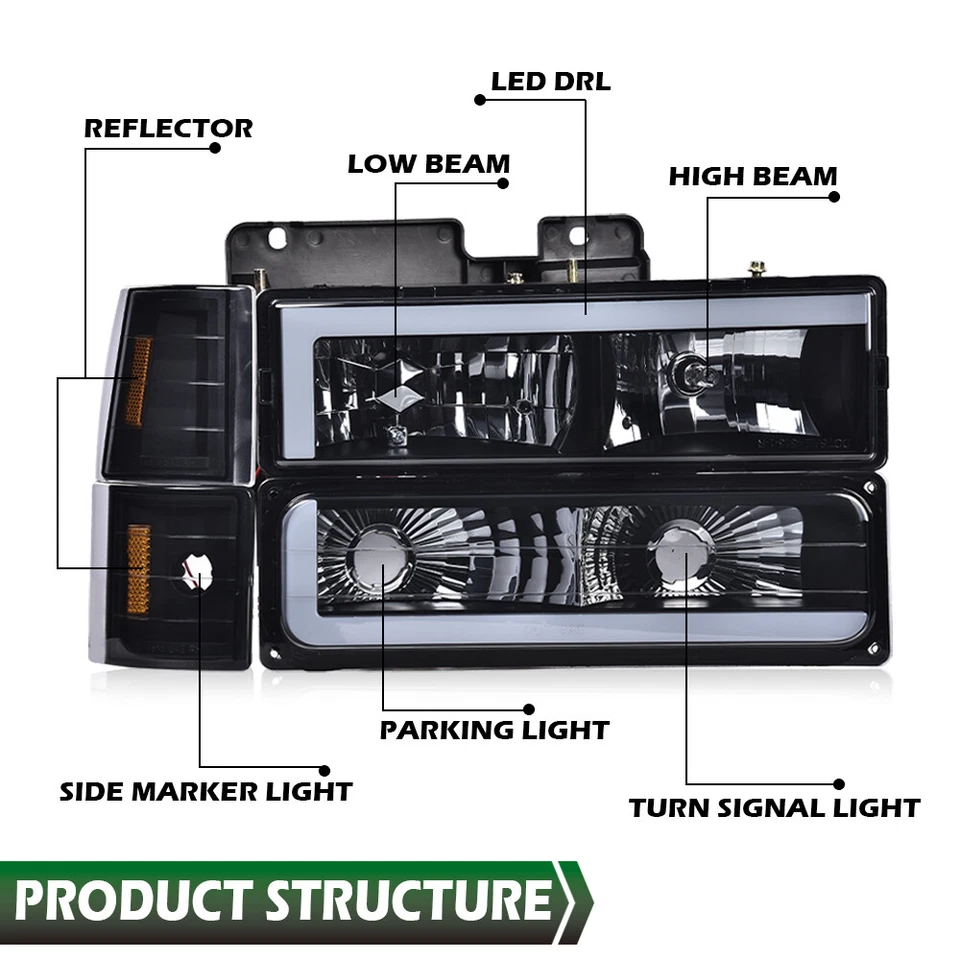 Faros LED DRL + lámparas de esquina de parachoques negras aptas para camioneta Chevy GMC C/K 94-00 Foto 3 de 4