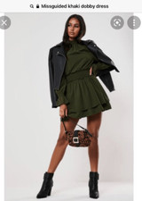 Missguided Khaki Dobby Mock High Neck Shirred Waist Dress sz 0