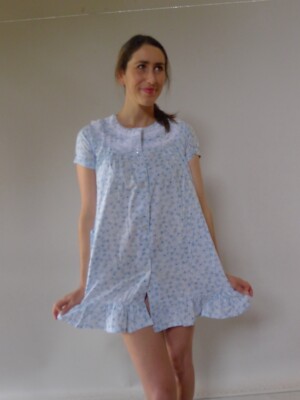 vintage unused XS S Brunch Coat dressing gown robe blue cotton