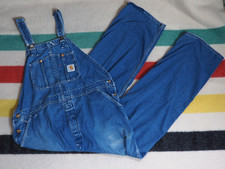 VTG 90s CARHARTT Faded Distress Logo Blue Denim Overalls 40x32 Bibs Pants