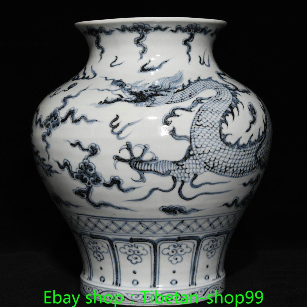 9.8''Ming Hongwu Marked Blue White Porcelain Dragon Loong Pattern Crock Pot Jar