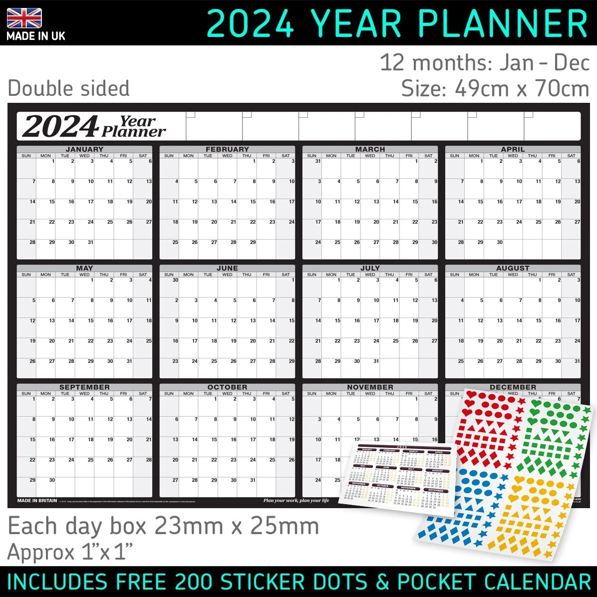 2024 Calender A2+ Wall Planner Chart Holiday Calendar 12 Months + FREE  Stickers | eBay
