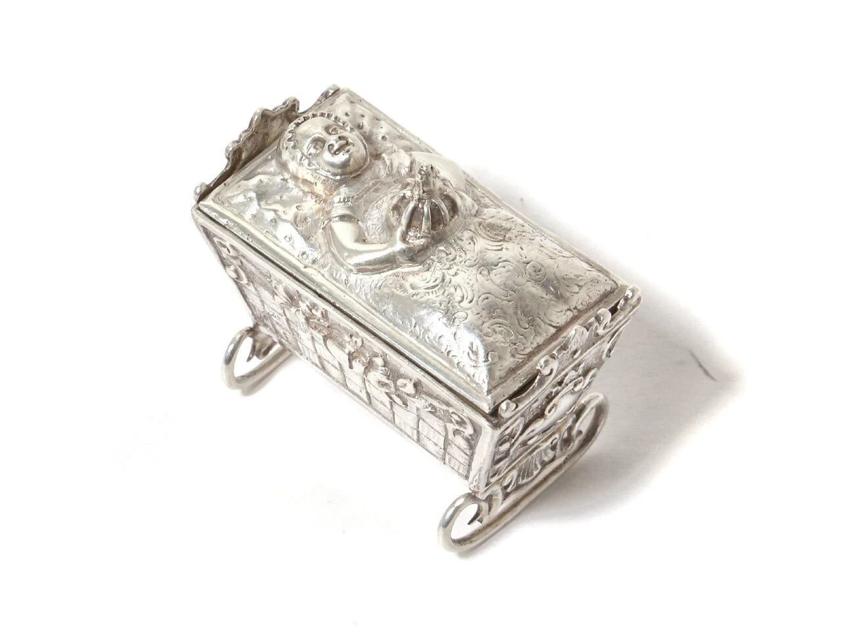 1891 Antique Germany Silver Baby Cradle Miniature Baby Cradle