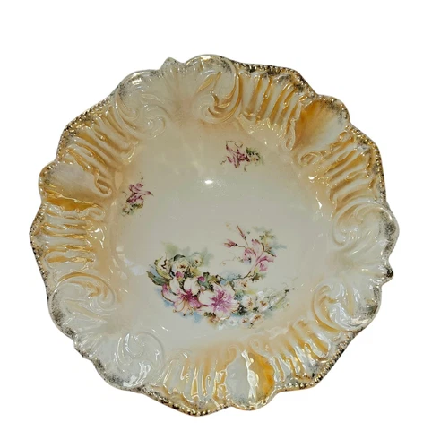 Vintage Gold Deep Embossed Rim Fancy Porcelain Bowl Hand Painted Orchids