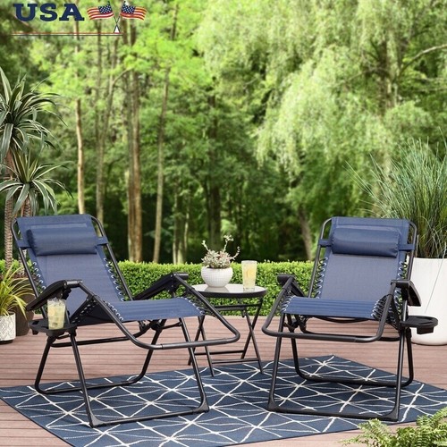 Reclining Zero Gravity Outdoor Lounge Chair Set of 2 with Cup Holder Pillow Navy
