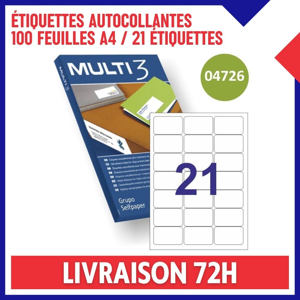 Étiquettes d'adressage MULTI 3 anti-bourrage, lot de 2100 stickers blancs 63x38mm Réf 4726 pour colis