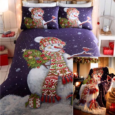 HOMESPACE DIRECT Christmas Bedding Xmas Duvet Cover Set OR Throw Sherpa Snowman Blue Blanket