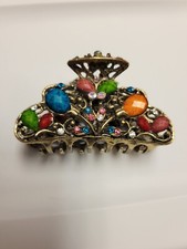 Vintage Hair Claw Clip Gold Tone Rhinestones Metal Multi Colors