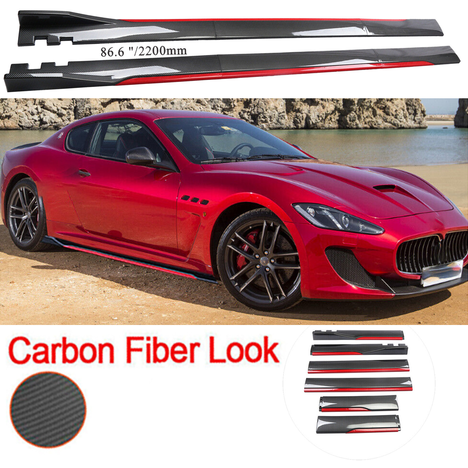 Carbon Fiber Look 86.6" Side Skirt Extension Spoiler Splitter For Maserati Gran