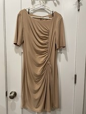 Calvin Klein Sheath Dress Shirred Ruched beige tan stretch jersey career work 14