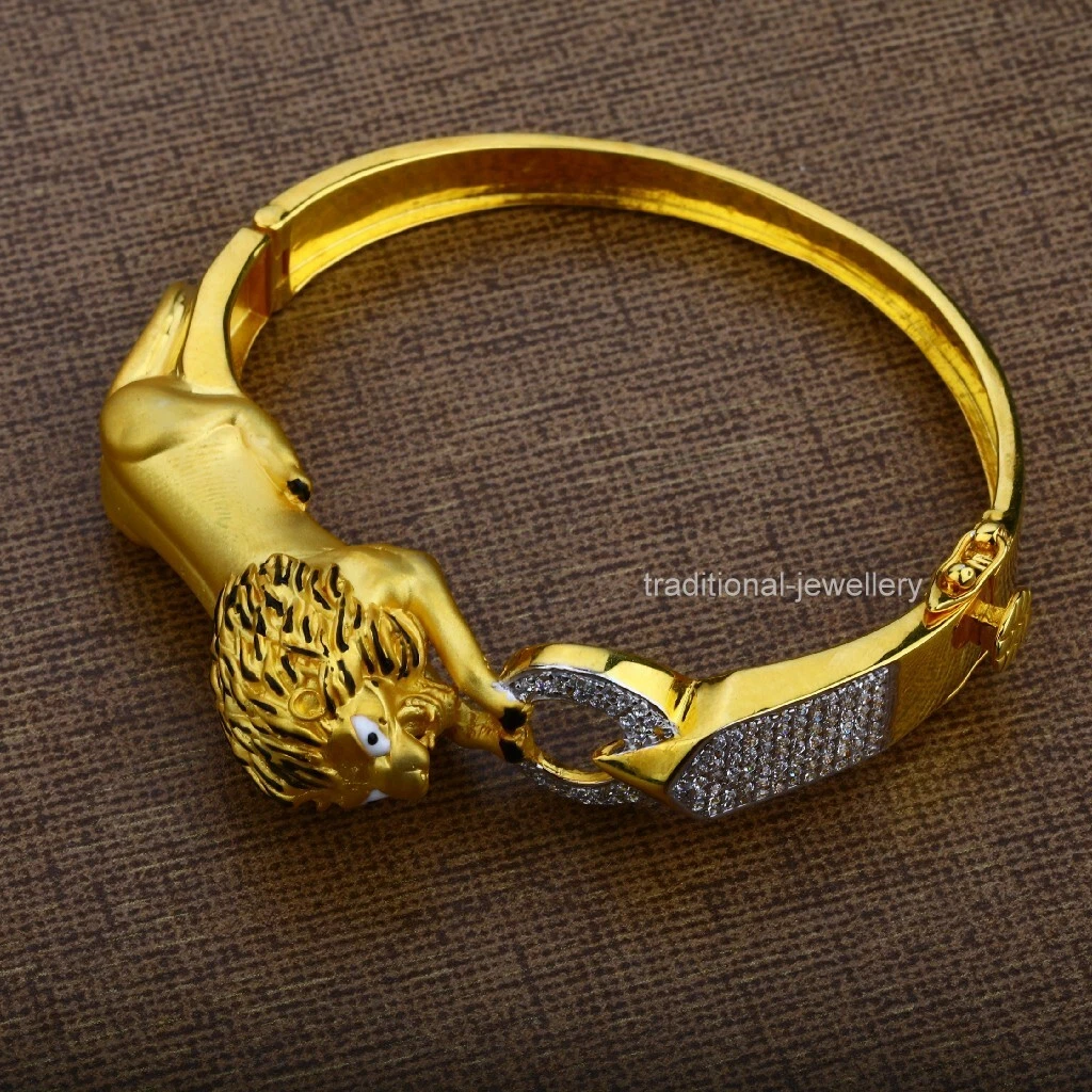 22k Yellow gold Mens Lion Gold Kada Cuff Bracelet cubic Stone