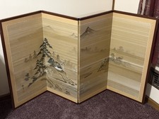 3&rsquo; Japanese 4 Panel Byobu Riverside Thatched Homes Hand Painted Divider 36 x 66&rdquo;