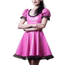 Women's Shiny PVC Lace Trim A-line Mini Dress Scoop Neck Short Sleeve Dress